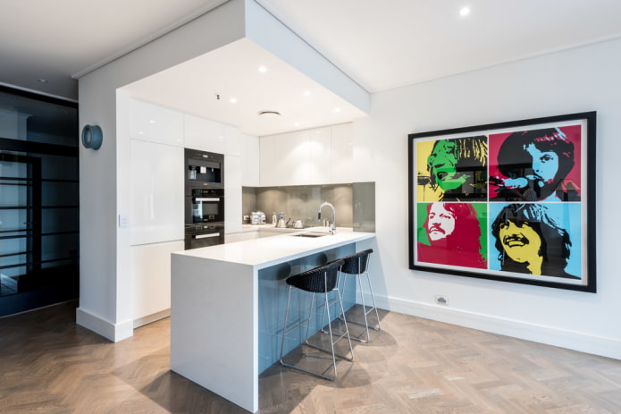 posters in a light kitchen interior