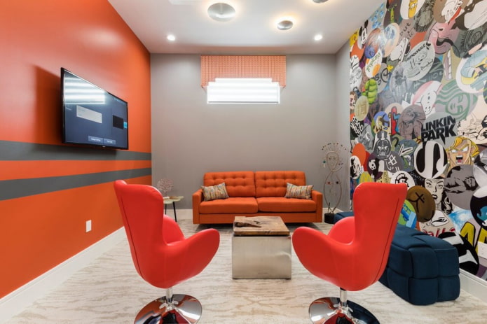 bright armchairs and sofa