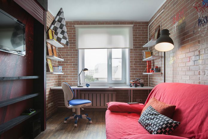 loft style children's room interior with brick walls
