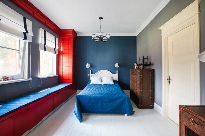 a children's room with a red telephone booth in the English style