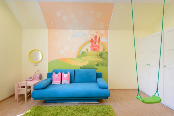 interior of a girl's children's room with photo wallpaper