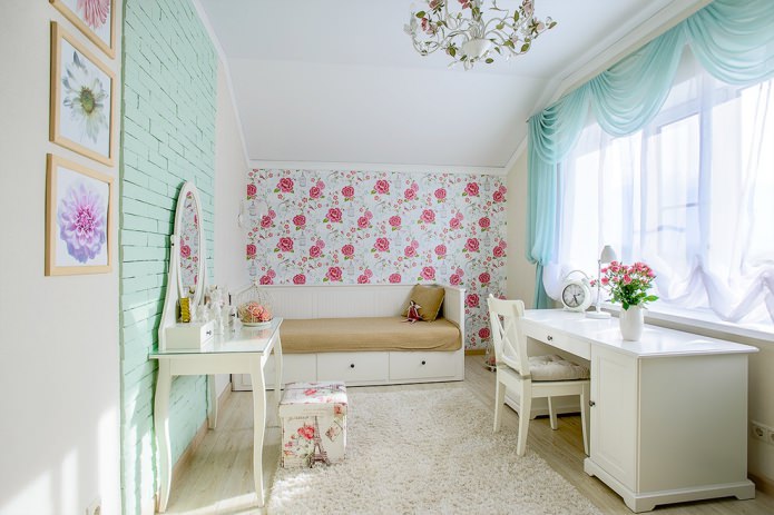 Pink and blue wallpaper with plant motifs