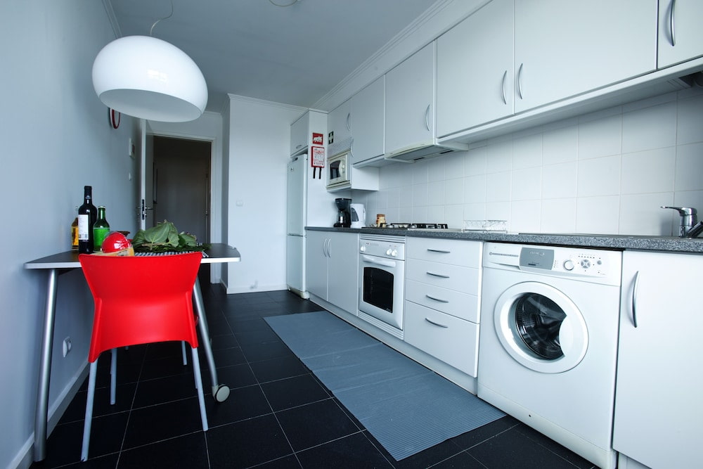 washing machine in a linear kitchen