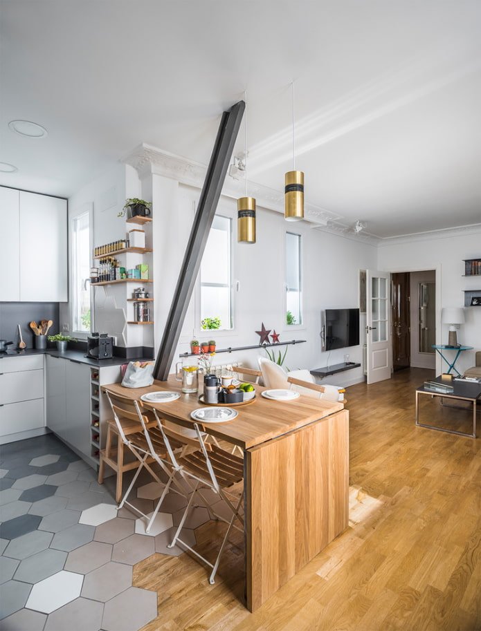 Natural wood dining table in the kitchen