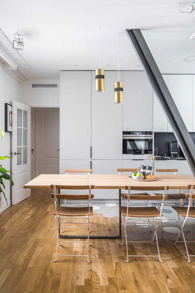 Natural wood dining table in the kitchen