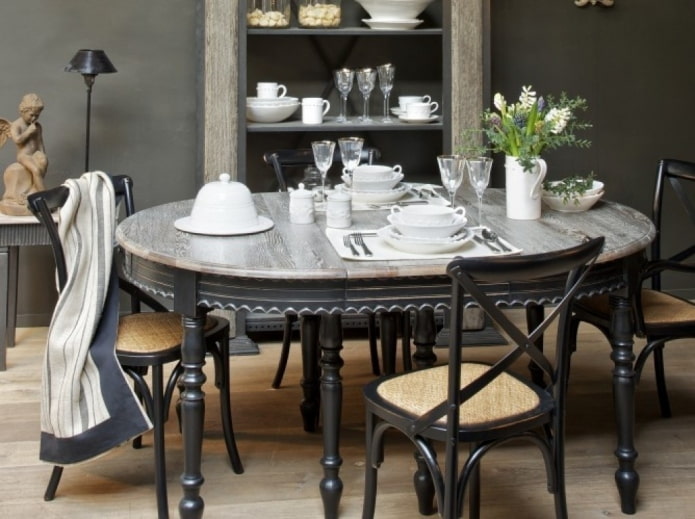 classic style table with a light gray tabletop