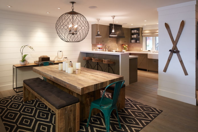 wooden table in the interior in the loft style