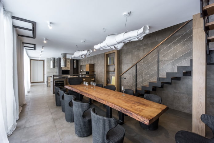a long table in a loft-style interior