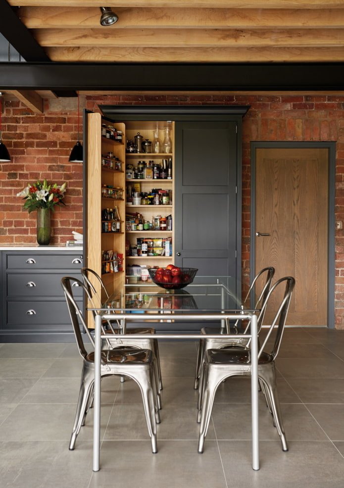 glass table in the interior in the loft style