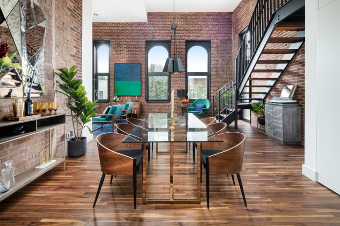table in the interior of the dining room in the loft style