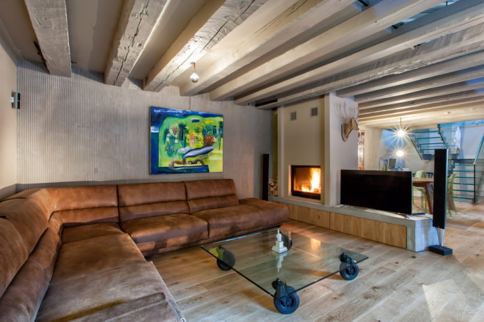 table in the interior of the living room in the loft style
