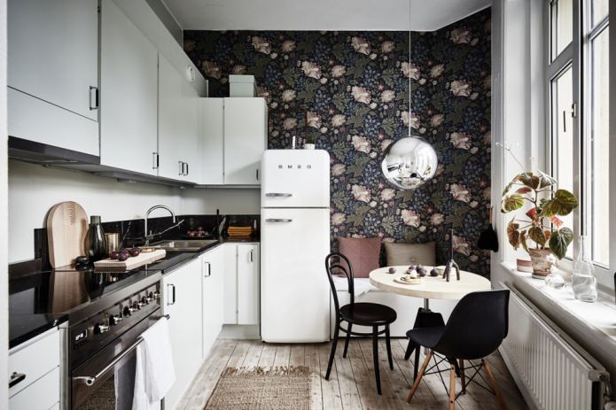 dark wallpaper with a large floral pattern on kitchen