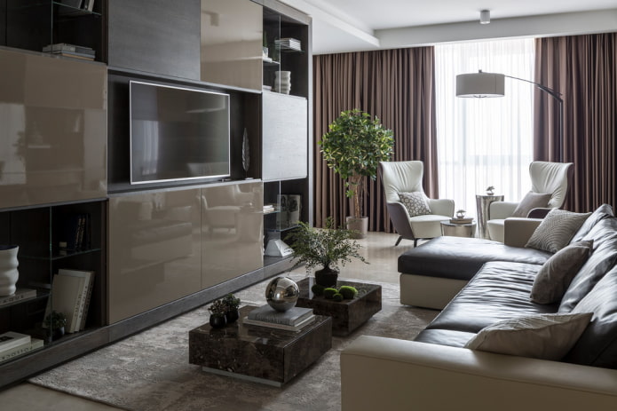 TV built into the wall in the living room interior