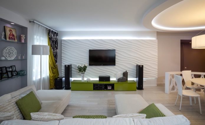 TV on the wall with a plaster panel in the hall