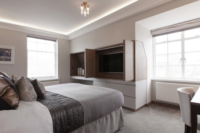 TV built into a closet in the bedroom interior
