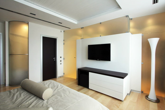 TV in the interior of the bedroom in the minimalist style