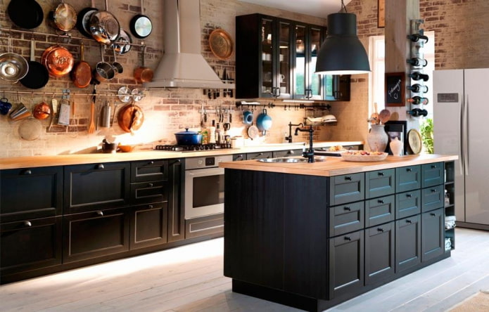 Dark kitchen with a wooden countertop