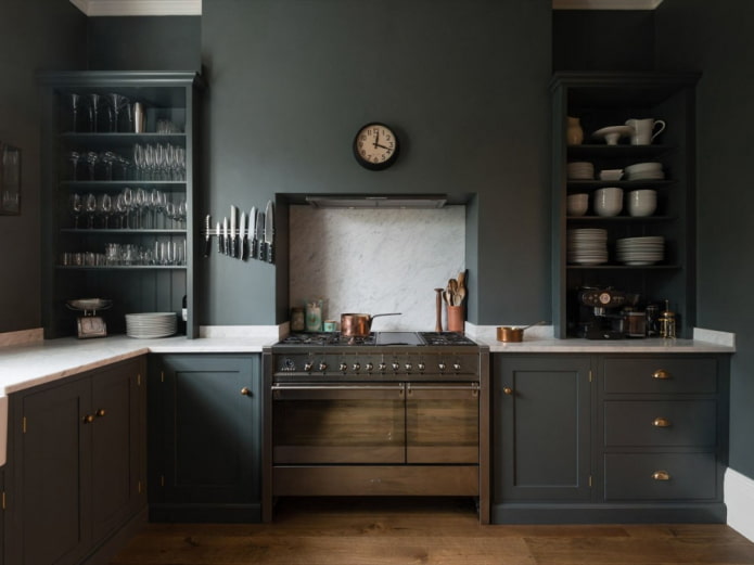 Dark kitchen with a light countertop