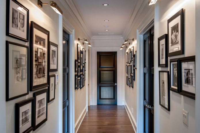 black doors in a white narrow corridor