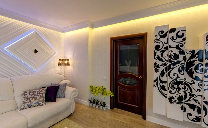 white skirting board and brown door with glass inserts