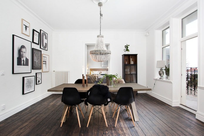 combination of light walls and dark flooring