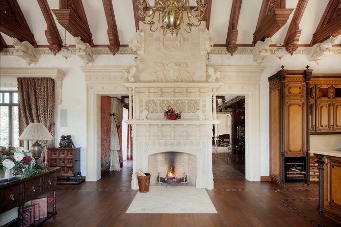 dark floor and fireplace