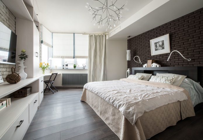 bedroom interior with dark laminate