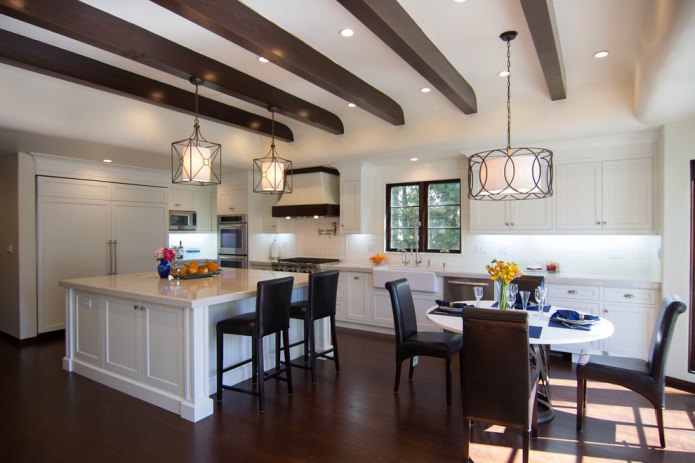 kitchen-dining room with dark flooring