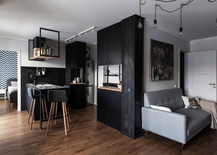 black furniture set and gray sofa