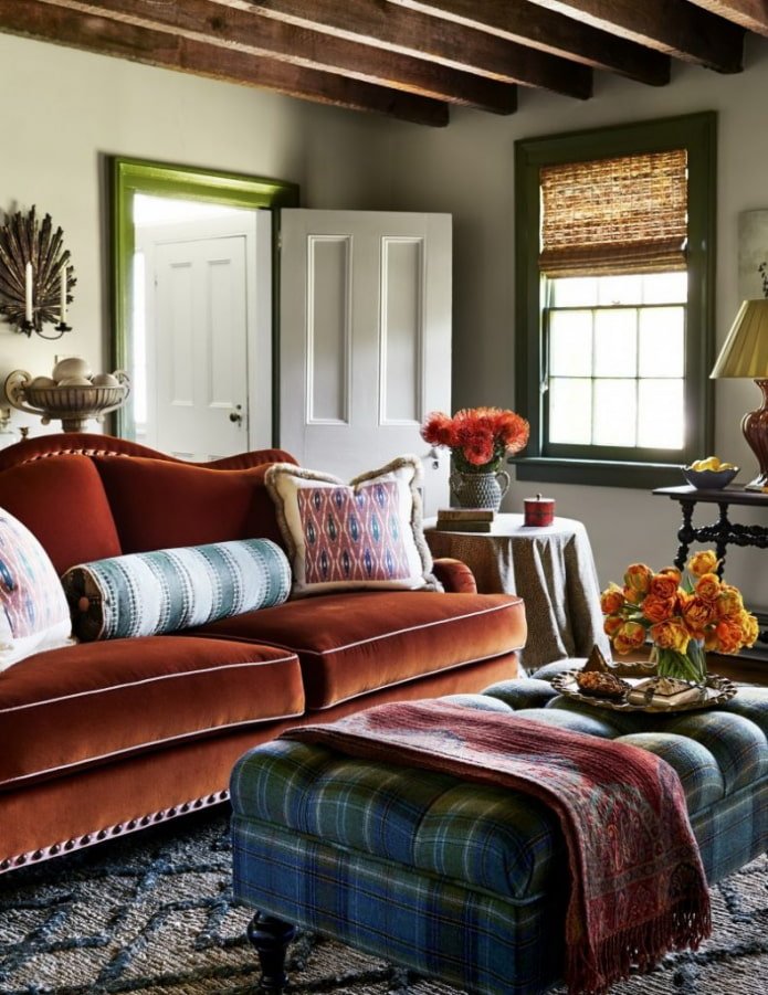 brick-colored velvet sofa