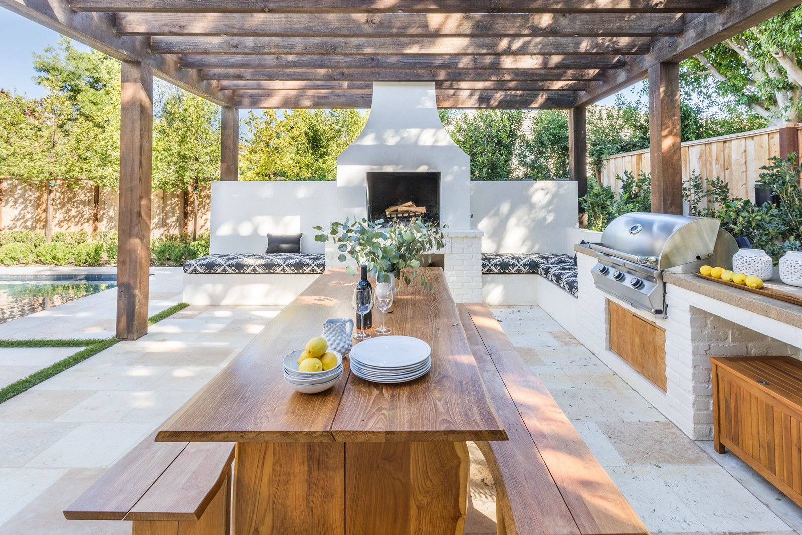 wooden table with benches on the terrace