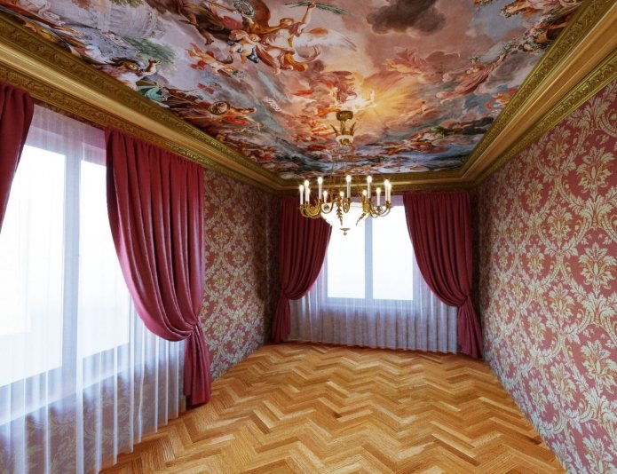 stretched ceiling with photo printing in the form of a fresco