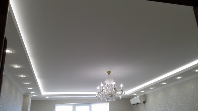 ceiling with LED strip and built-in spotlights