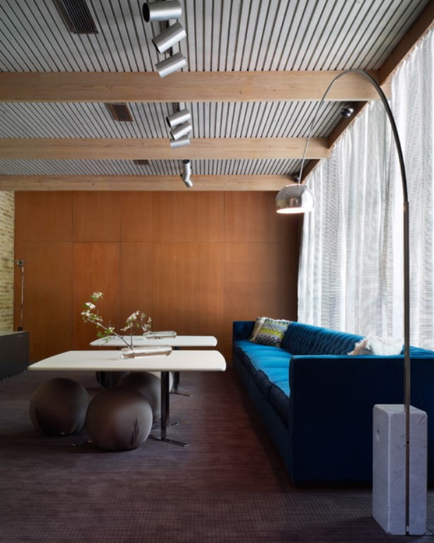 track lights on a slatted ceiling