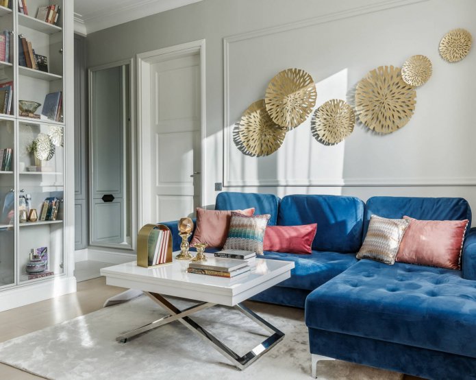 blue sofa in Scandinavian style