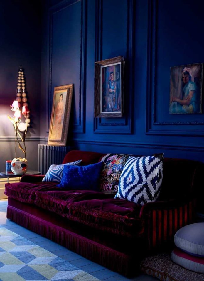 marsala-colored sofa in a dark living room