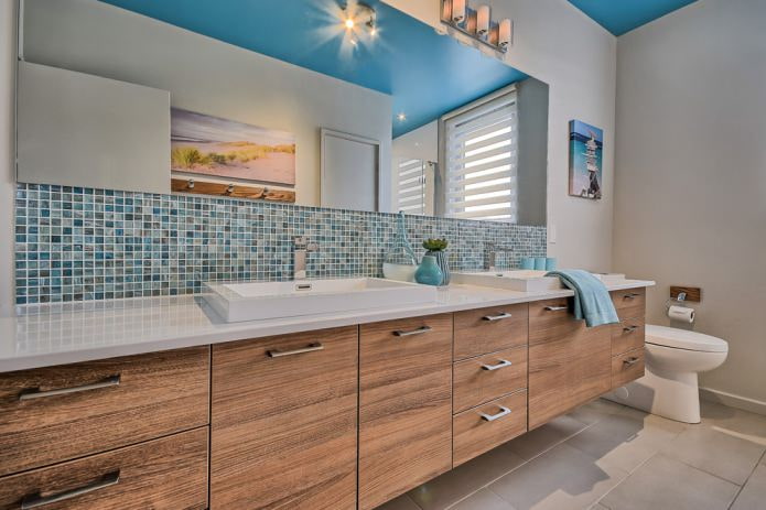 bathroom with blue ceiling