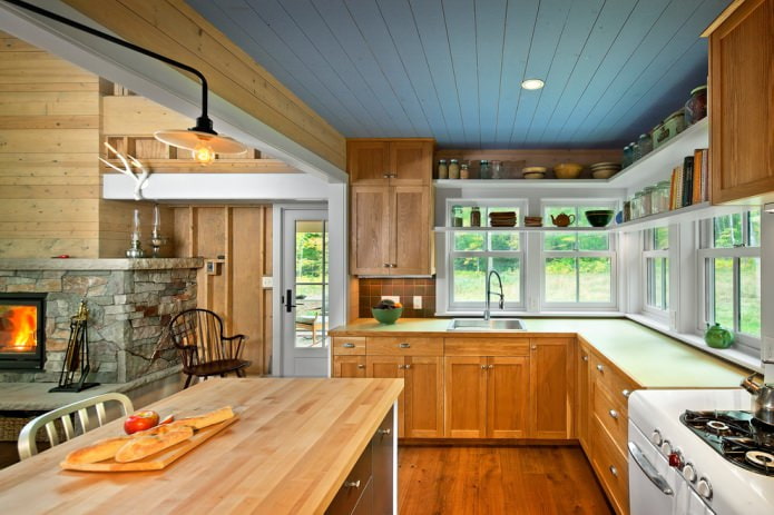 country style kitchen with blue wooden ceiling