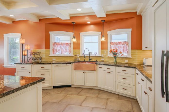 orange walls in the kitchen interior