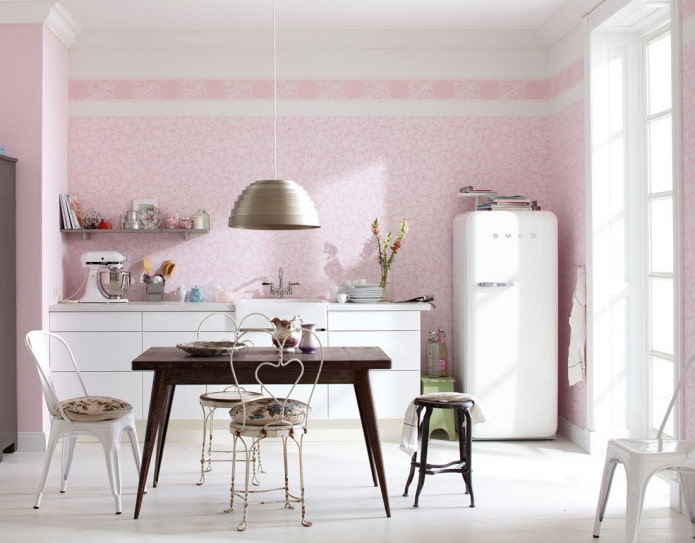 pink walls in the kitchen interior