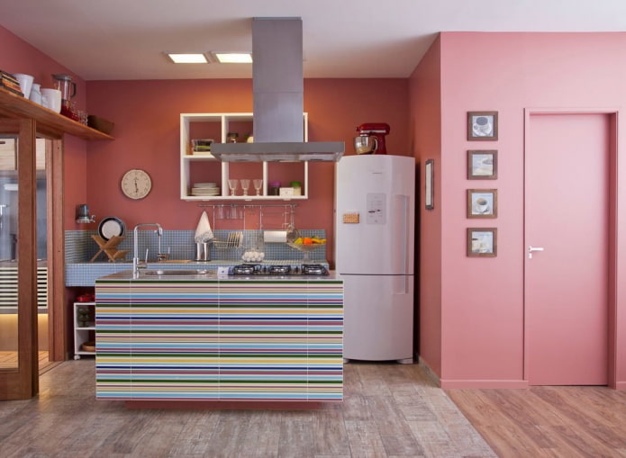 pink walls in the kitchen interior