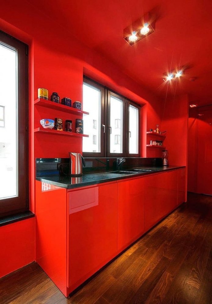 red walls in the kitchen interior