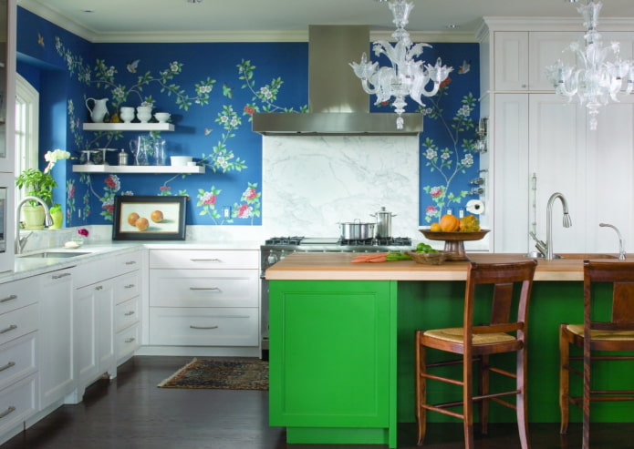 blue walls in the kitchen interior