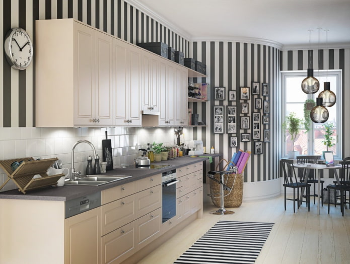 black and white walls in the kitchen interior