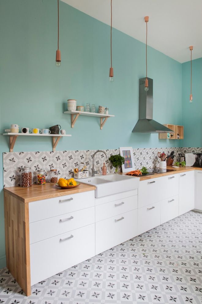 mint-colored walls in the kitchen