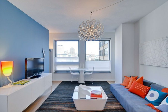 blue and white wall in the living room