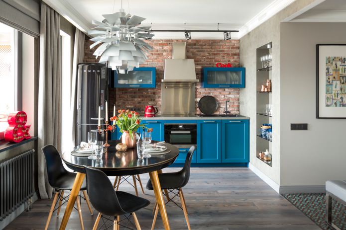 gray countertop and blue kitchen set