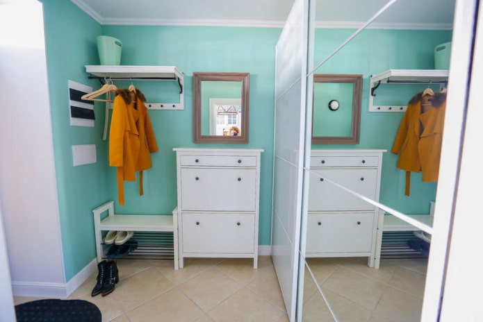 white and turquoise hallway