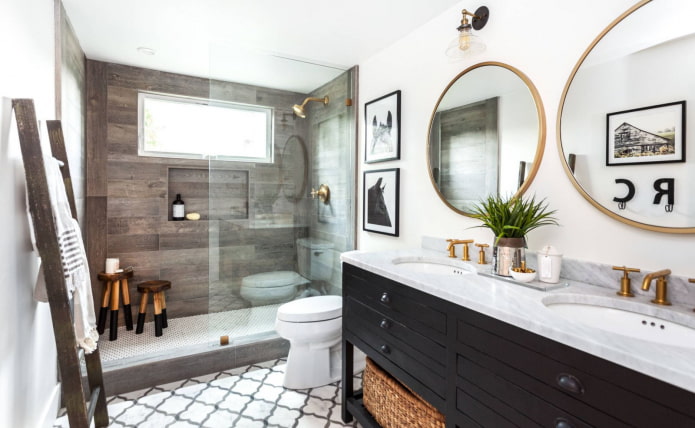black and white bathroom with wood