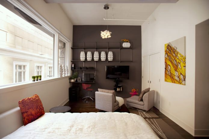 a combination of colors of walls, floor and ceiling in a narrow room